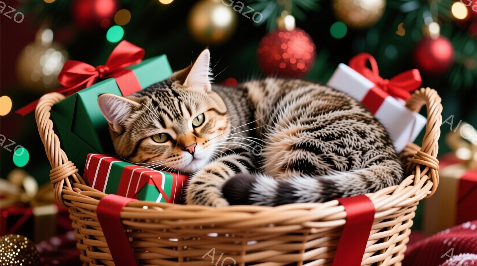 茶色の縞模様の猫が、赤いリボンと緑色の包装紙で飾られたプレゼントがいくつか入った籐のバスケットの中に横たわっています。猫は目を細めてリラックスした表情をしており、毛並みは光沢があり、しなやかな曲線を描 - AI生成フリー素材
