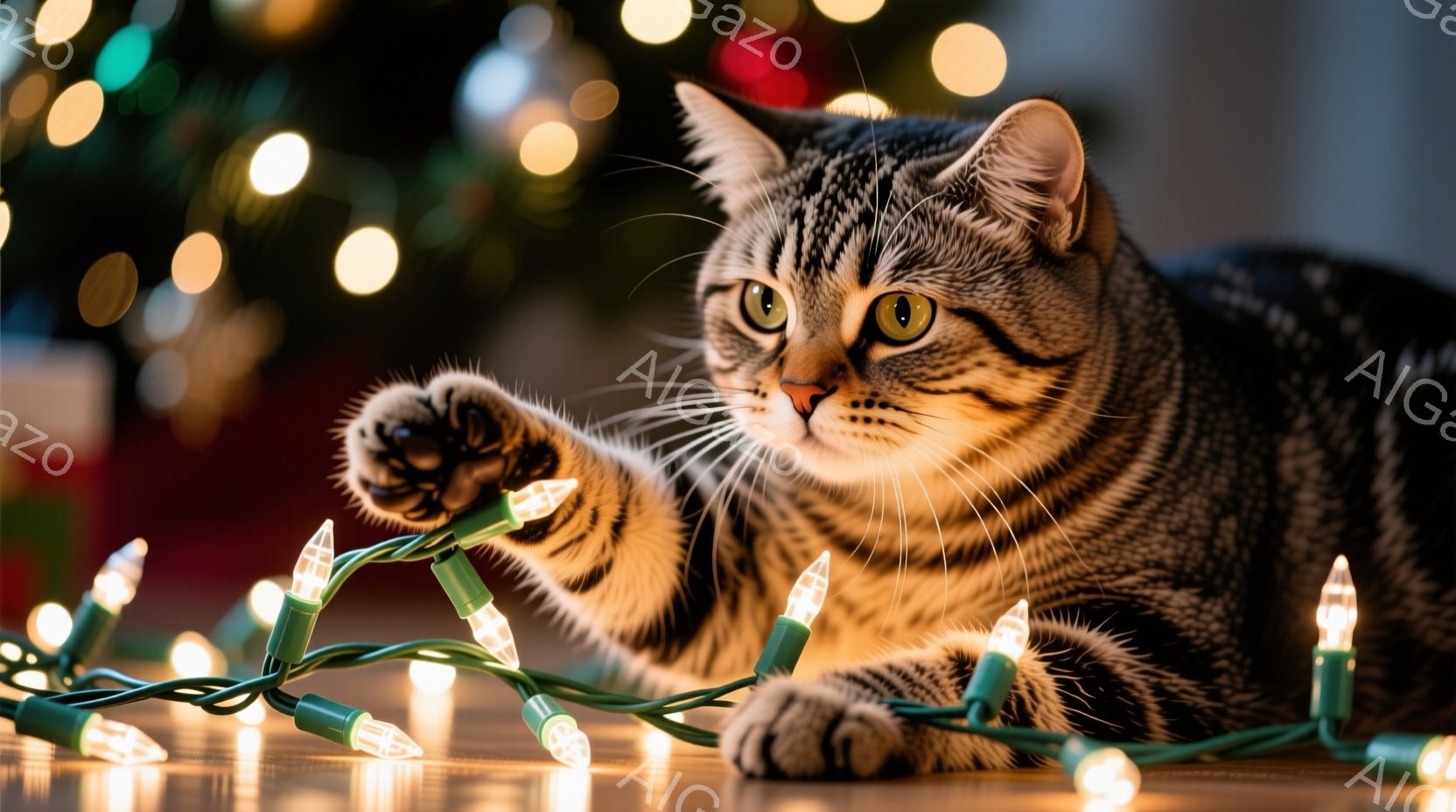 縞模様の猫が、白いクリスマスライトの串を前足で軽く叩いている様子が写っている。猫は少し上目遣いで、興味津々な表情でライトを見つめており、背景はぼやけたカラフルな光で満たされている。全体的に、暖かく、遊 - AI生成フリー素材
