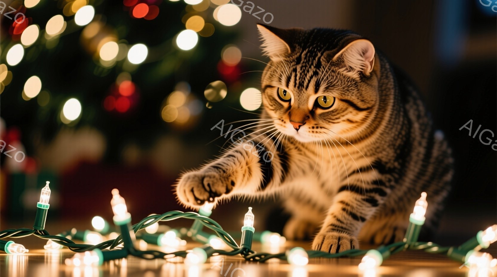 縞模様の猫が赤いマフラーを巻いて雪の中に立っています。猫は前を見据え、落ち着いた表情で、冬の寒さを楽しんでいるように見えます。背景にはぼやけたクリスマスツリーの飾りと雪が舞っており、暖かく穏やかな冬の - AI生成フリー素材