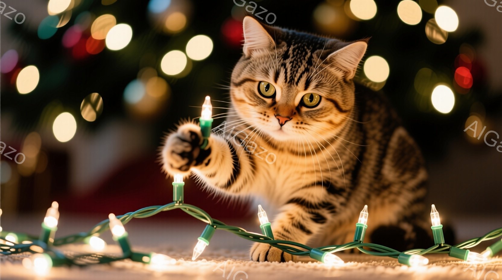 茶色の縞模様の猫がクリスマスツリーのイルミネーションに前足を伸ばし、好奇心旺盛な表情で光る電球に触れようとしています。背景はぼやけた緑と赤のクリスマスツリーで、暖かく、お祝いの雰囲気を作り出しています - AI生成フリー素材