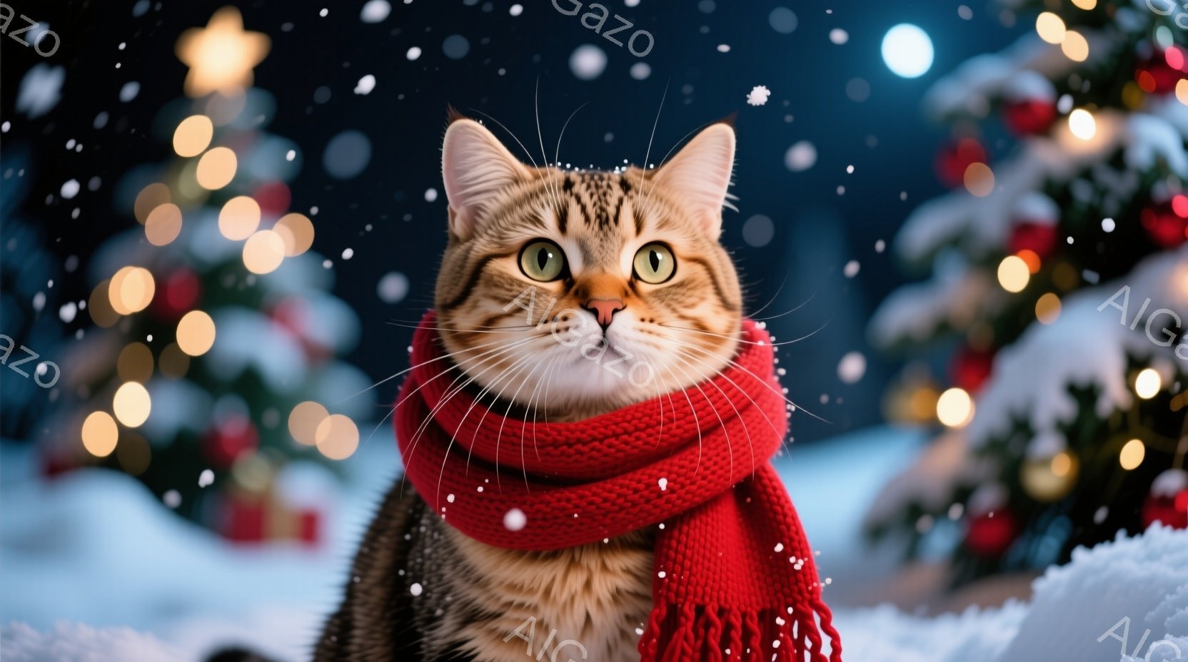 縞模様の猫が赤い編みマフラーを巻いて正面を見つめています。背景にはぼやけたクリスマスツリーと雪が舞う冬景色が広がっており、暖かい雰囲気と季節感を感じさせます。猫の表情は穏やかで、冬の暖炉のそばでくつろ - AI生成フリー素材