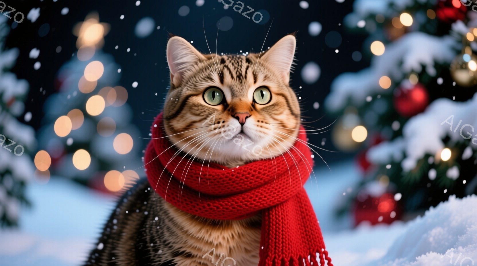 縞模様の猫が赤い編みマフラーを巻いており、緑色の目をカメラに向かって見つめています。背景にはぼやけたクリスマスツリーと雪が舞う冬の風景が広がり、暖かく優しい雰囲気を醸し出しています。猫はまっすぐ前を見 - AI生成フリー素材
