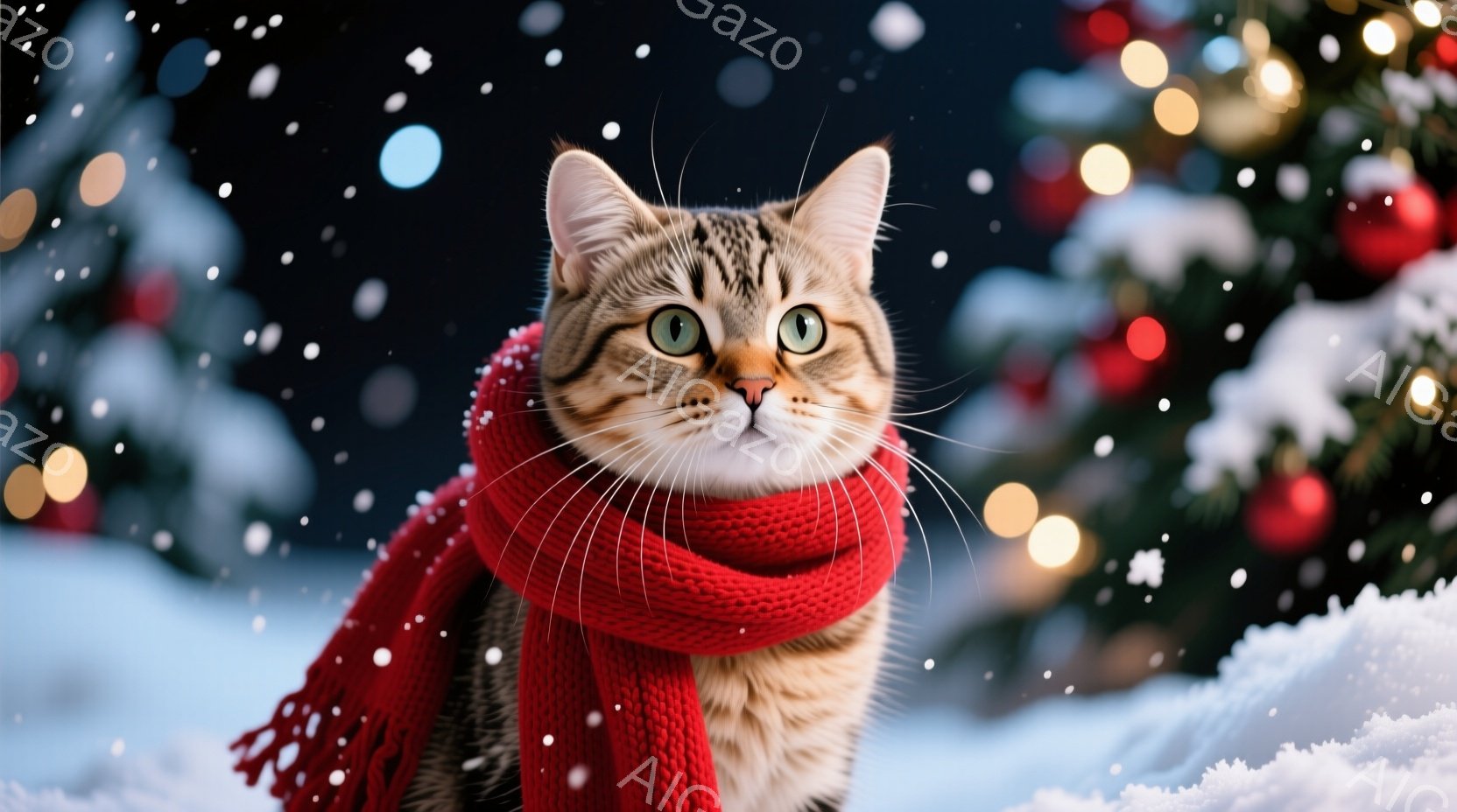 縞模様の猫が赤いマフラーを巻いて、雪の上に立っています。猫はカメラに向かって穏やかな表情で、少し上を見ているようです。背景にはぼやけたクリスマスツリーと輝く光、そして雪が舞う様子が描かれており、温かく - AI生成フリー素材