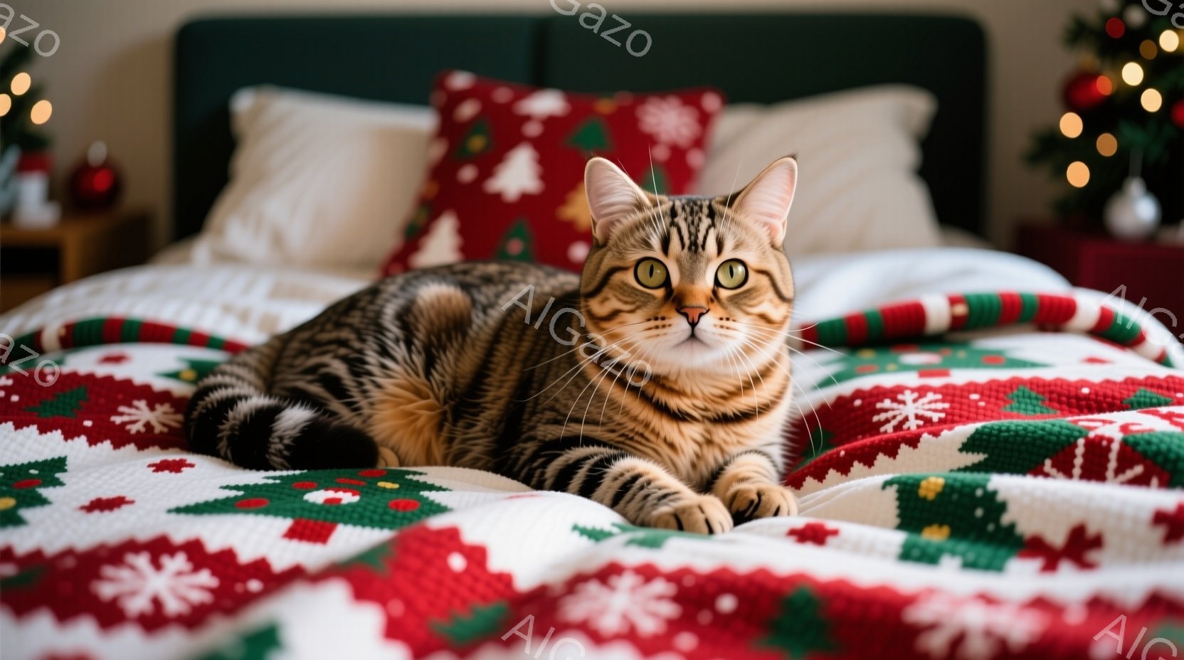 明るいベッドの上で、斑模様の茶色の猫がリラックスして横たわっています。猫は前足を伸ばし、まっすぐカメラを見つめており、落ち着いた表情をしています。背景には、クリスマスツリーのぼんやりとした光と、赤いク - AI生成フリー素材