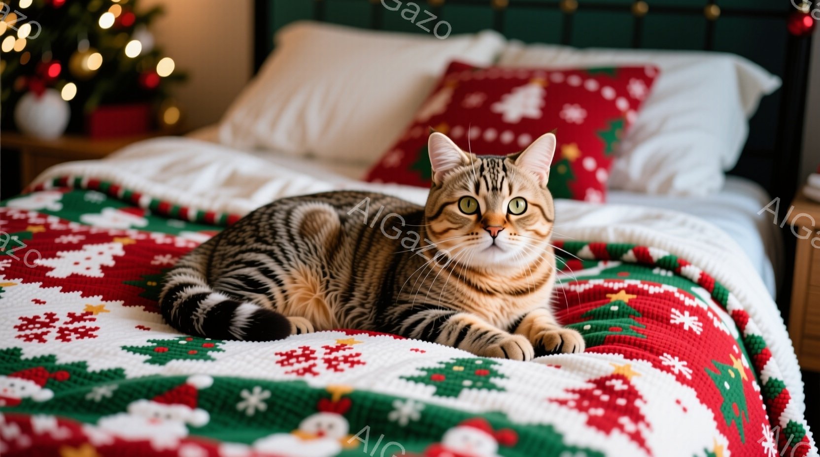 縞模様の猫が、クリスマス柄のベッドカバーの上に横たわっています。猫はリラックスした様子で、緑色の目をカメラに向けています。背景には、ぼやけたクリスマスツリーと、赤い枕が見え、暖かく穏やかな雰囲気が漂っ - AI生成フリー素材