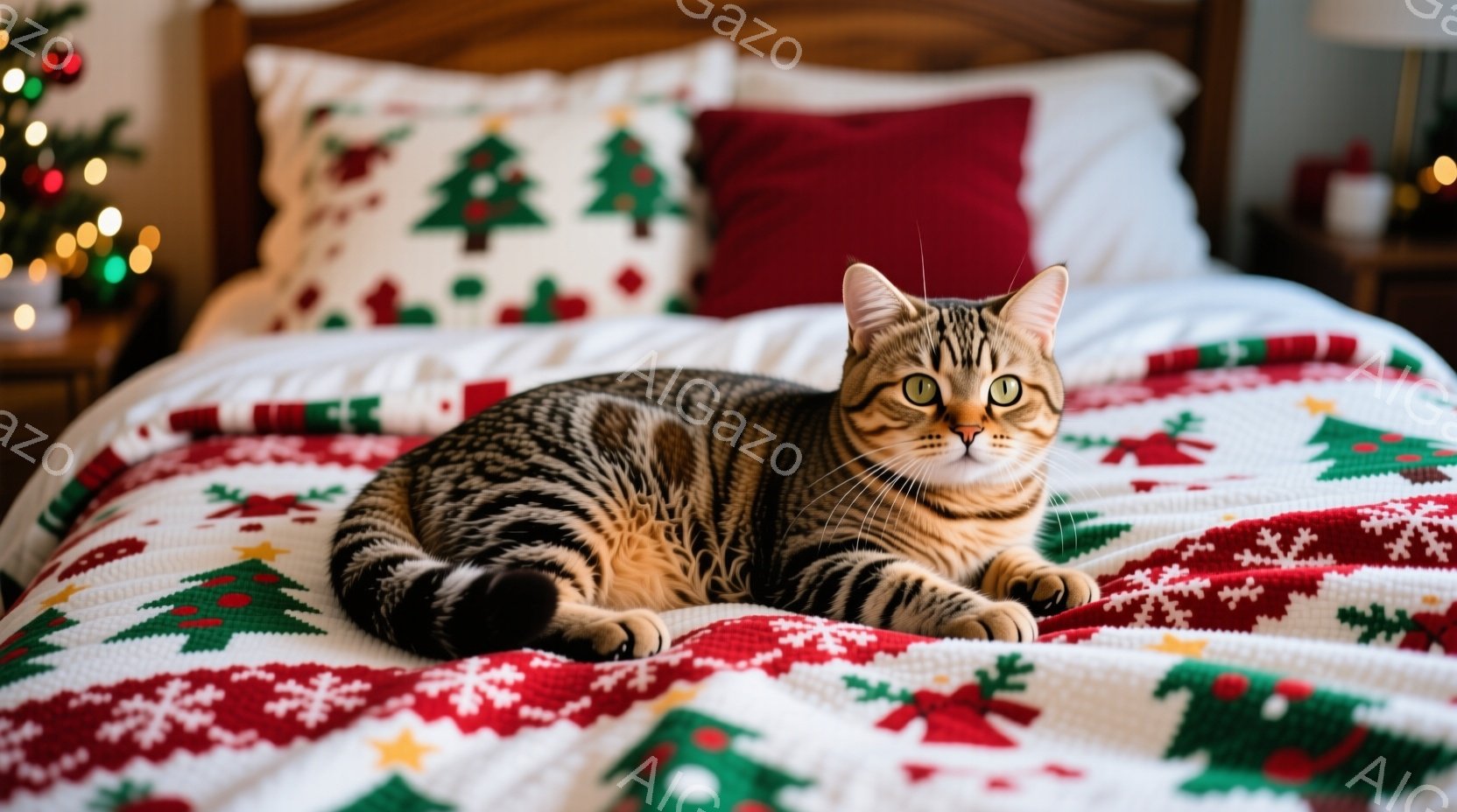 明るい背景のベッドに、縞模様の茶色の猫が横たわっています。猫はリラックスした様子で、前足を伸ばし、まっすぐカメラを見つめています。背景には、クリスマスツリーと装飾がぼやけており、温かくてお祝いの雰囲気 - AI生成フリー素材