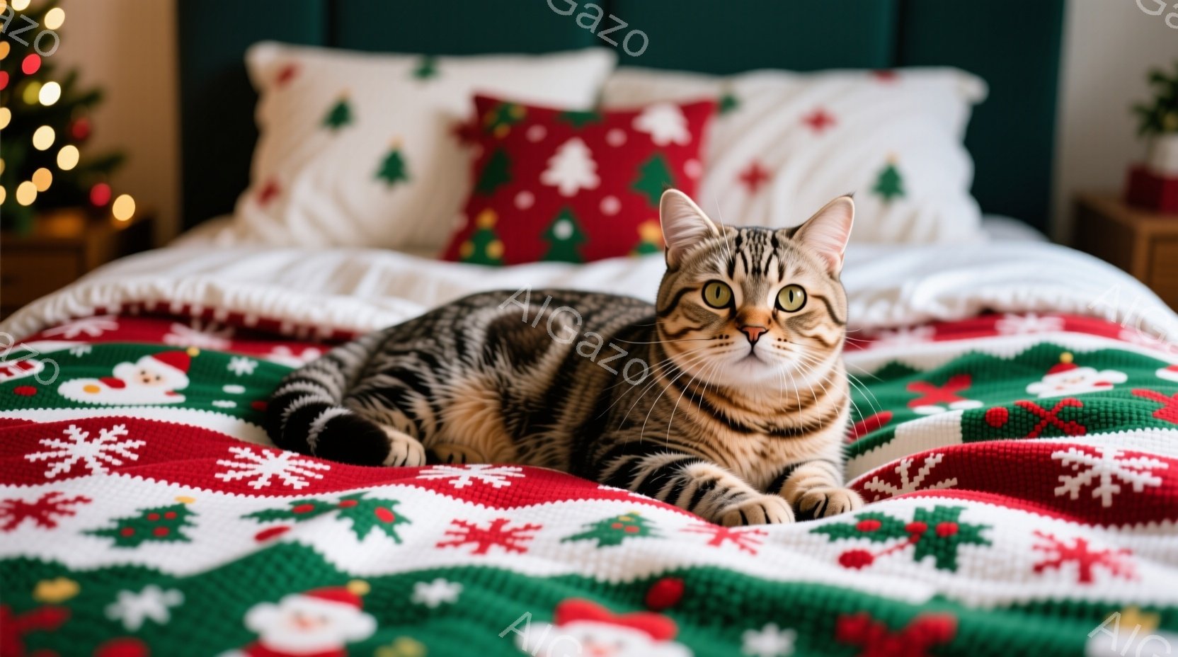 明るい背景に、縞模様の茶色い猫がベッドの上でリラックスして横たわっています。猫は前足を揃えてまっすぐ座り、カメラに向かって鋭い視線を送っています。ベッドには、クリスマスをテーマにした柄のシーツとクッシ - AI生成フリー素材