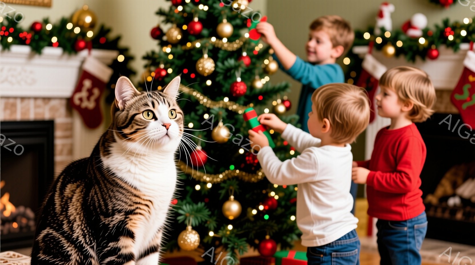 縞模様の猫が正面を見据え、好奇心と少しの警戒心を顔に浮かべています。背景では、クリスマスの飾り付けをする幼い男の子二人が見られ、一人は赤いシャツを着てオーナメントを手に、もう一人は青いシャツを着てクリ - AI生成フリー素材