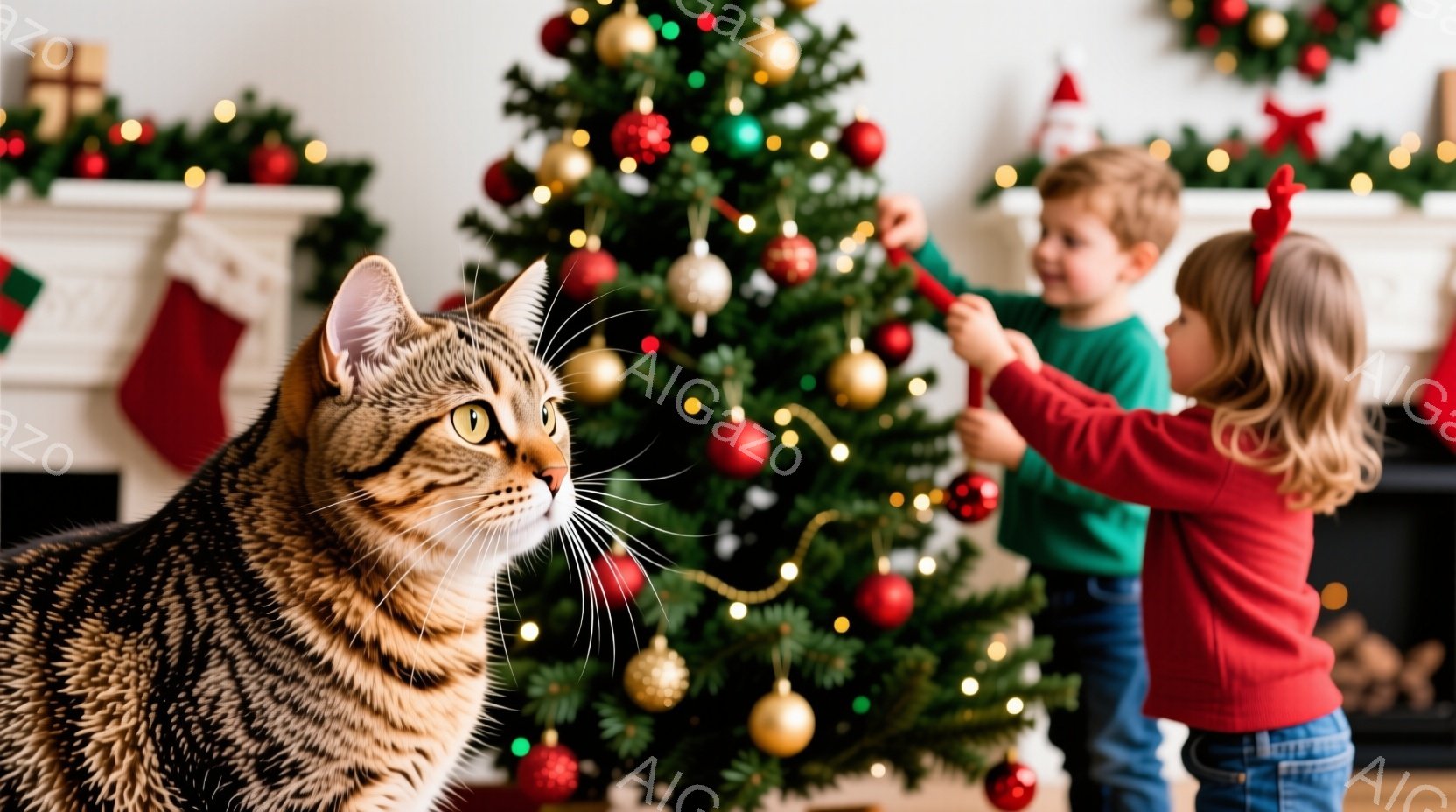 縞模様の猫が正面を見つめており、緑色のセーターを着た少年と赤い服を着た少女がクリスマスツリーを飾り付けているのが背景に見える。暖炉の上にはクリスマスソックスと装飾が飾られ、室内は暖かく、お祝いの雰囲気 - AI生成フリー素材