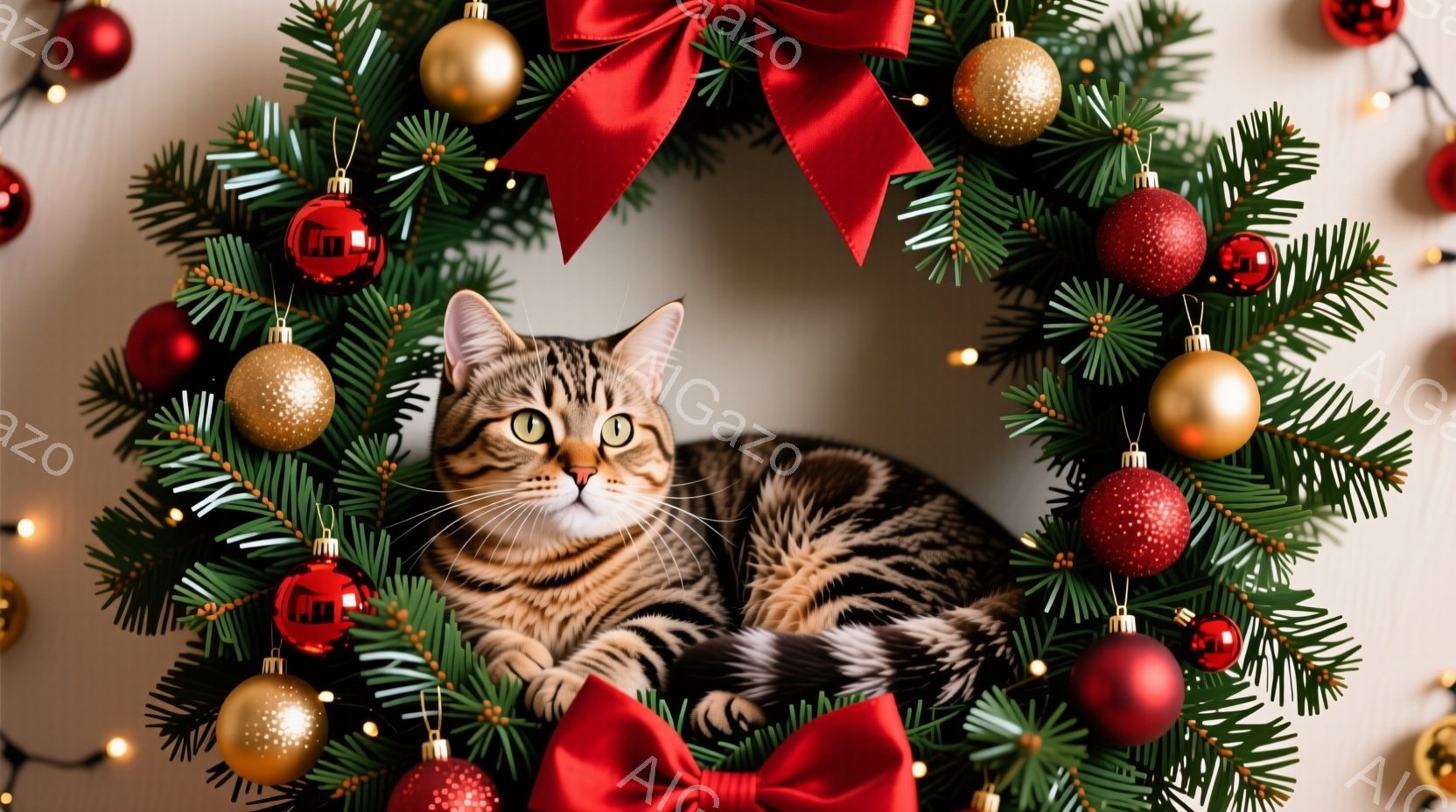 縞模様の猫がクリスマスリースの中に横たわっています。猫はリラックスした表情で、緑の葉と赤いオーナメントに囲まれています。背景は明るい壁で、全体的に温かく、お祝いの雰囲気が漂っています。 - AI生成フリー素材