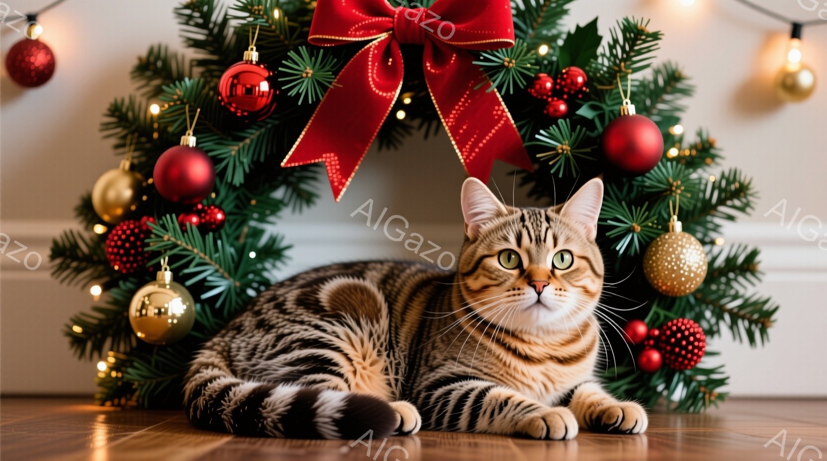縞模様の猫が、クリスマスツリーの飾り付けられた足元でリラックスして横たわっています。背景には赤いリボンと金色のオーナメントが飾られた緑豊かなクリスマスツリーがあり、暖かい光が灯っています。猫は落ち着い - AI生成フリー素材