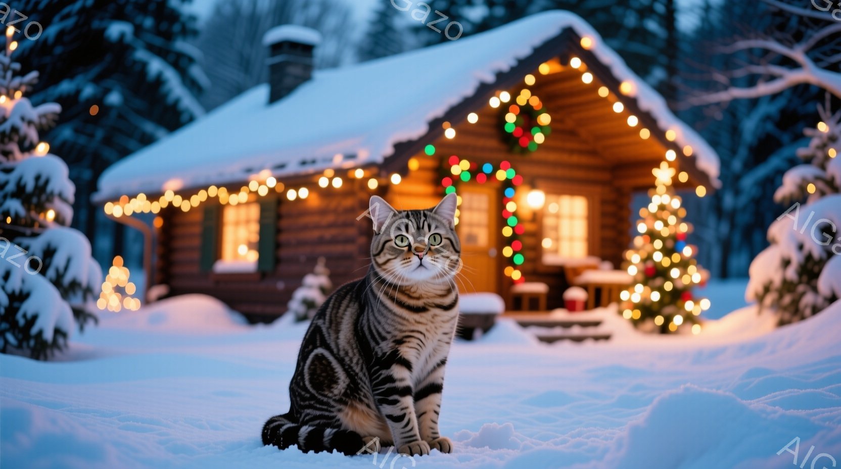 白い雪景色の中に、縞模様の猫が座って正面を見ています。背景にはクリスマスイルミネーションで飾られたログハウスがあり、暖かい光が雪景色に映えています。全体的に穏やかで、冬の暖かさを感じさせる雰囲気です。 - AI生成フリー素材