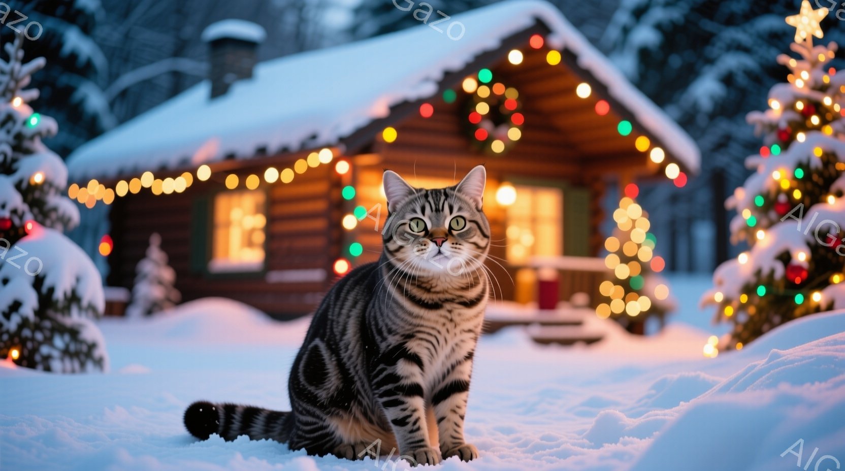 縞模様の猫が雪の上に座っており、正面を見つめています。背景にはクリスマスツリーとイルミネーションで飾られた丸太小屋があり、雪景色が広がっています。全体的に暖かく、お祝いムードあふれる冬の風景です。 - AI生成フリー素材