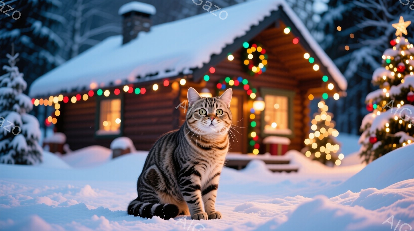 長毛の縞模様の猫が、クリスマスツリーの前に座っています。猫は前足を揃え、まっすぐ前を見て、緑色の瞳が印象的です。背景には、赤や金のオーナメントで飾られた緑のクリスマスツリーと、赤い包装紙で包まれたプレ - AI生成フリー素材