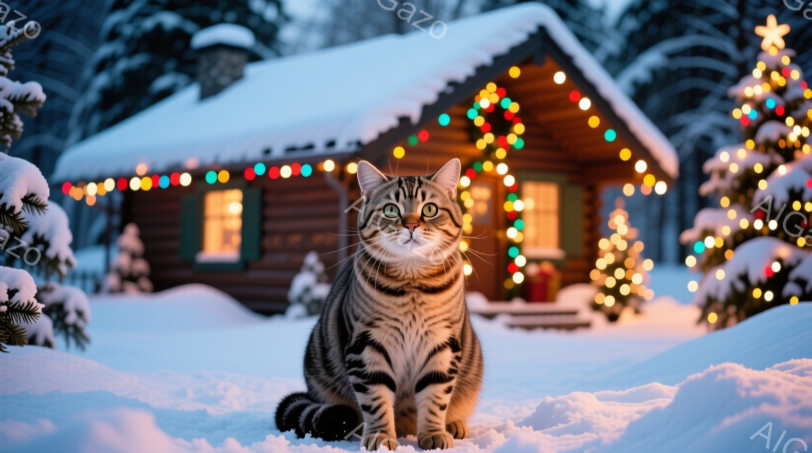 雪景色の中に、縞模様の大きな猫が座っています。背景には、クリスマスツリーとイルミネーションで飾られたログハウスがあり、冬の暖かさと安らぎの雰囲気を醸し出しています。猫はカメラに向かって穏やかな表情で座 - AI生成フリー素材