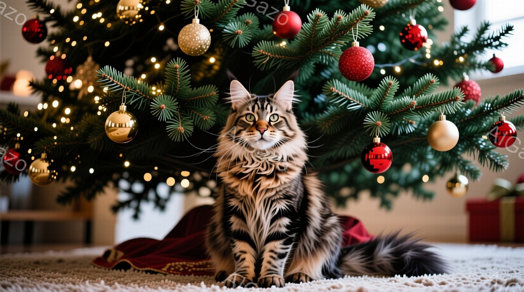 縞模様の大きな猫が、クリスマスツリーの下の白いカーペットに座っています。ツリーは飾り付けられ、赤いオーナメントが目立ち、猫は正面を見て落ち着いた表情をしています。背景にはプレゼント箱が見え、温かくお祝 - AI生成フリー素材