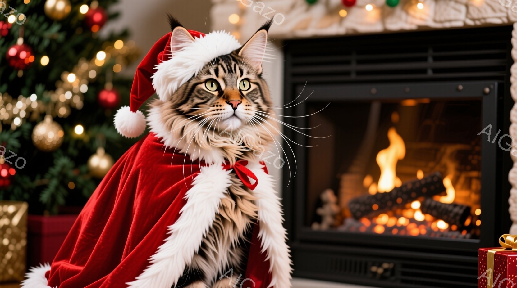 白と茶色の縞模様の猫が、赤いサンタクロースのケープと帽子を身に着けています。猫は少し横を向き、緑色の目をカメラに向けており、どこか物憂げな表情を浮かべています。背景にはクリスマスツリーや暖炉があり、暖 - AI生成フリー素材