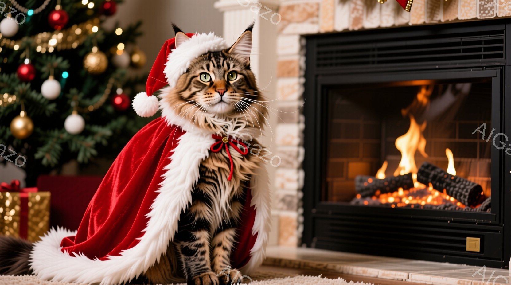茶色の縞模様の猫が、白い縁取りの赤いサンタクロースのケープを羽織り、頭にはサンタの帽子を被っています。猫は正面をまっすぐ見ており、やや警戒した表情を浮かべています。背景にはクリスマスツリーが飾られ、暖炉の中で火が燃え盛っており、暖かくお祝いムードに満ちた雰囲気です。