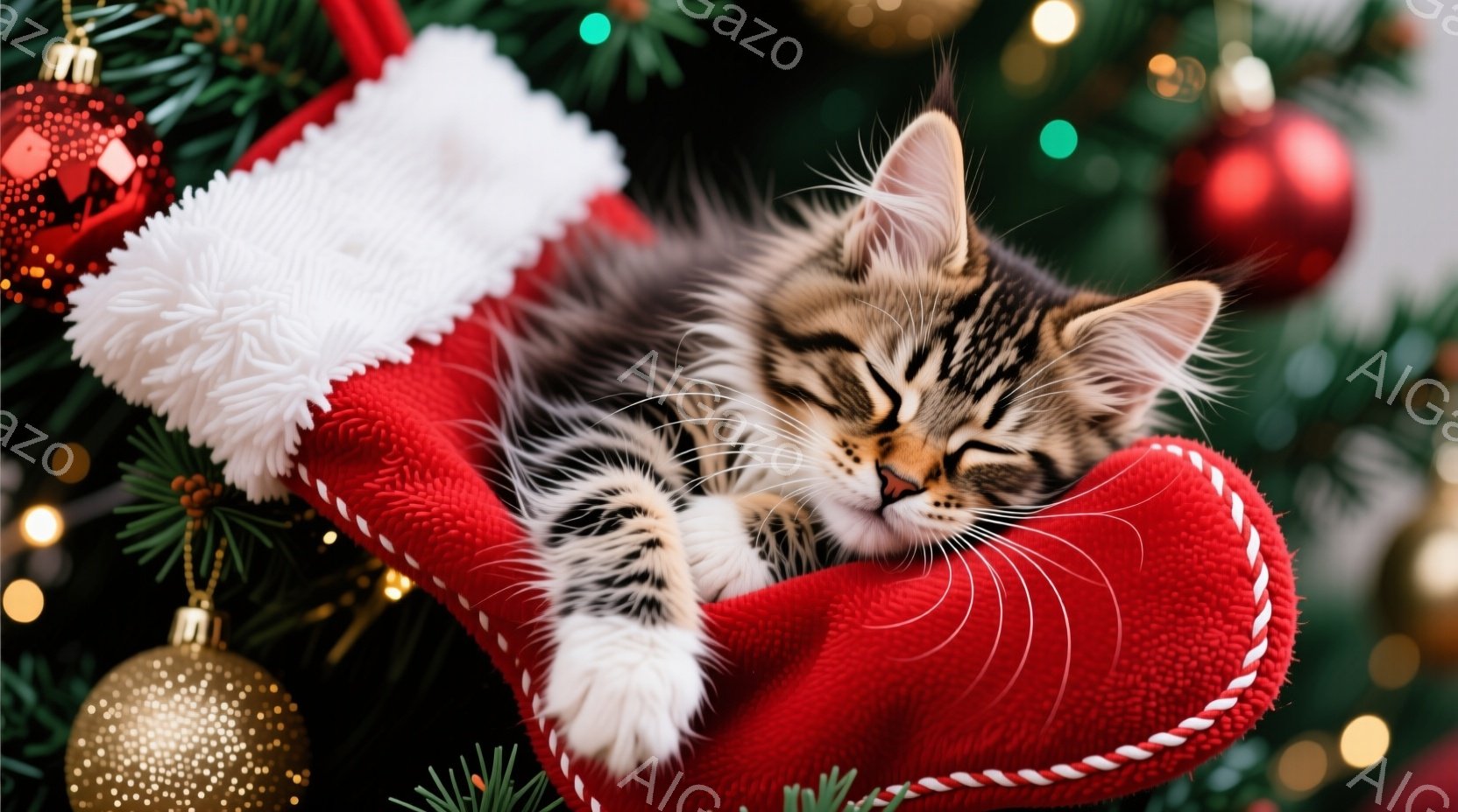 赤いクリスマスストッキングの中に、縞模様の小さな子猫が丸まって眠っています。子猫は白い爪を覗かせ、穏やかな表情でリラックスした様子です。背景にはクリスマスツリーの緑と、ぼやけた装飾が暖かく、夢のような雰囲気を醸し出しています。