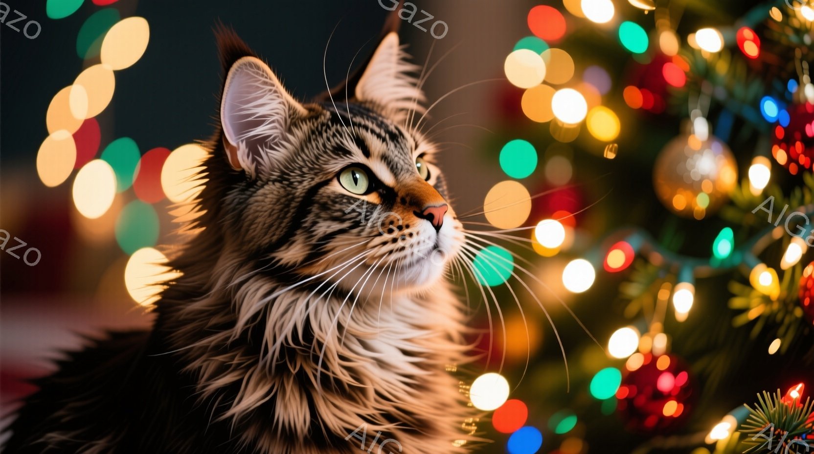 長毛の縞模様の猫が、鮮やかなクリスマスツリーのイルミネーションの前で横を向いて座っています。猫は緑色の目を輝かせ、長いヒゲを伸ばし、どこかを見つめているような表情をしています。背景はぼやけたクリスマス - AI生成フリー素材