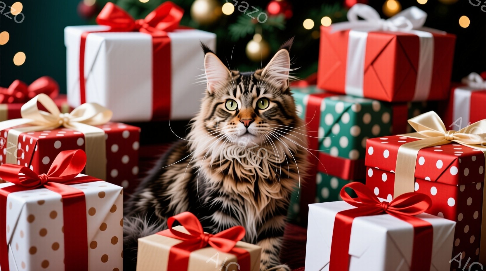 長毛の縞模様の猫が、様々なラッピングペーパーで包まれたプレゼントの山の中に座っています。猫はカメラに向かってまっすぐ見つめ、鋭い眼差しと長いヒゲが印象的です。背景にはぼやけたクリスマスツリーの光があり、全体的に暖かく、お祝いムードを醸し出しています。