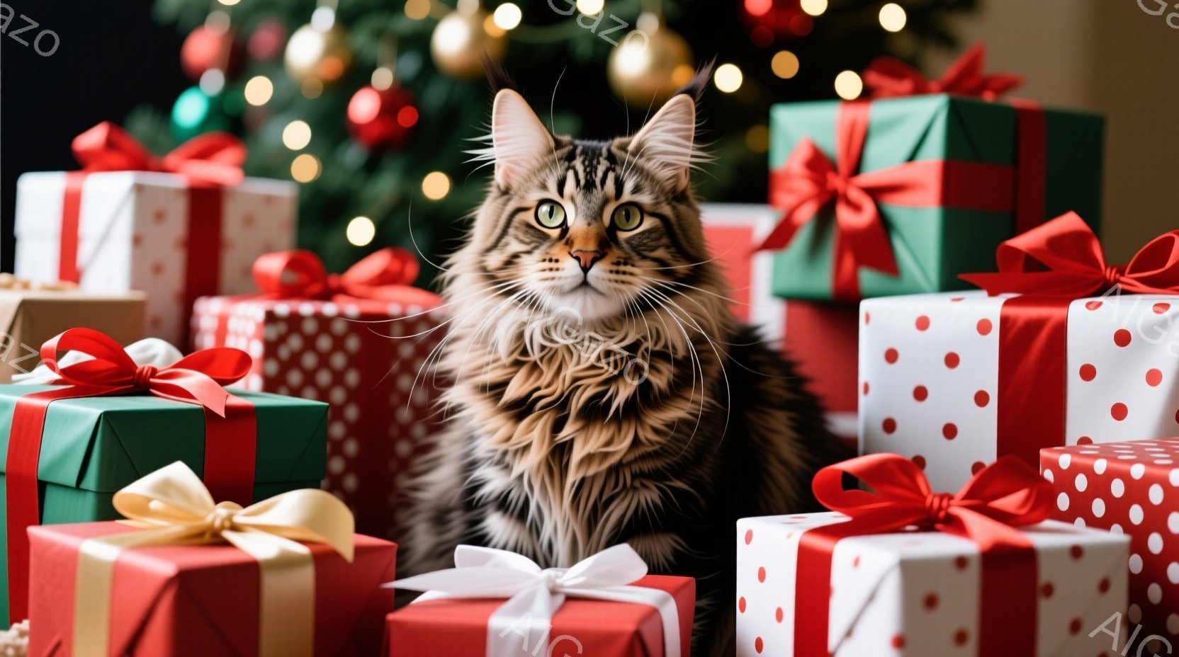 縞模様の大きな猫が、クリスマスのプレゼントの山の中に座っています。猫は前をまっすぐ見つめており、その表情は少し自信に満ちています。背景には、ぼやけたクリスマスツリーとキラキラと光るライトがあり、お祝い - AI生成フリー素材