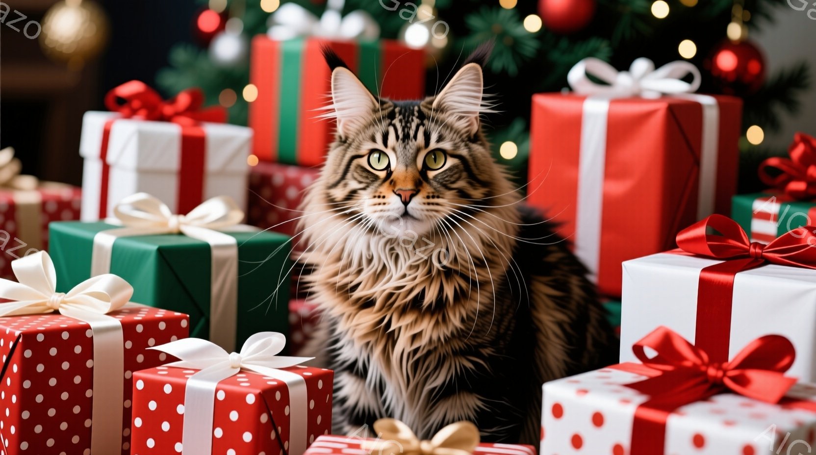茶色と黒の模様のフワフワとした猫が、クリスマスプレゼントの山の中に座っています。猫はカメラの方を見ており、その表情は少しばかり好奇心と警戒心を含んでいます。背景にはぼやけたクリスマスツリーのライトが見え、プレゼントの赤、緑、白が暖かくお祝いの雰囲気を醸し出しています。