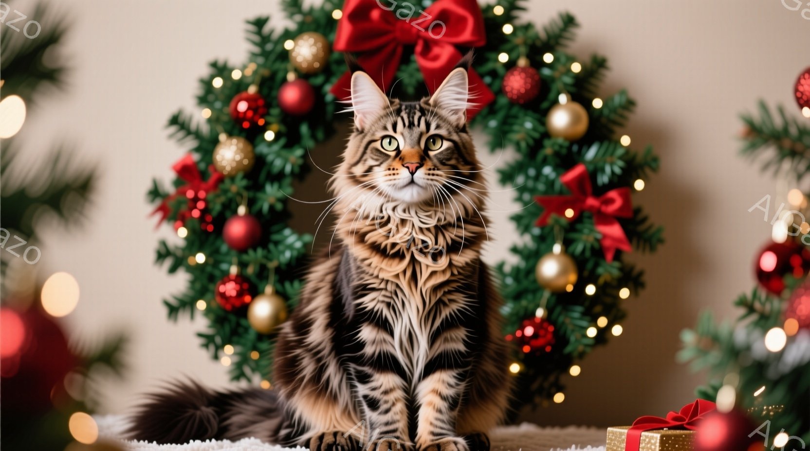 明るい毛並みの大きな猫が、白い毛布の上に座って正面を見つめている。背景には緑のクリスマスリースと、赤いオーナメント、そしてぼやけたクリスマスツリーが見え、全体的に温かく華やかな雰囲気が漂っている。猫の - AI生成フリー素材