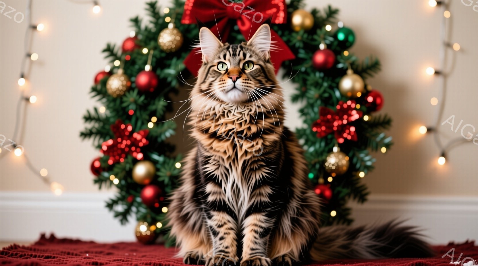 長毛のトラ柄の猫が赤い毛布の上に座っており、背景にはクリスマスリースと電飾が飾られています。猫は正面を見ており、落ち着いた表情で、ふさふさとした毛並みが特徴的です。全体的に暖かく、クリスマスの雰囲気を醸し出しています。