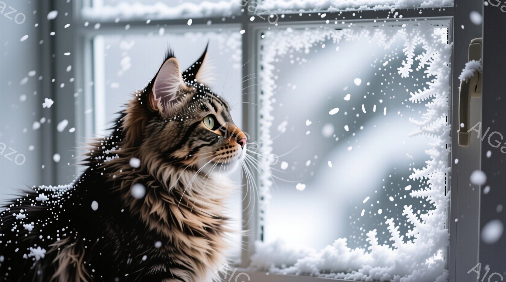長毛の縞模様の猫が窓の外を見つめている。窓ガラスには雪の結晶が描かれており、外は雪が降っている様子がうかがえる。猫は少し憂いを帯びた表情で、冬の静寂な雰囲気を表現している。 - AI生成フリー素材