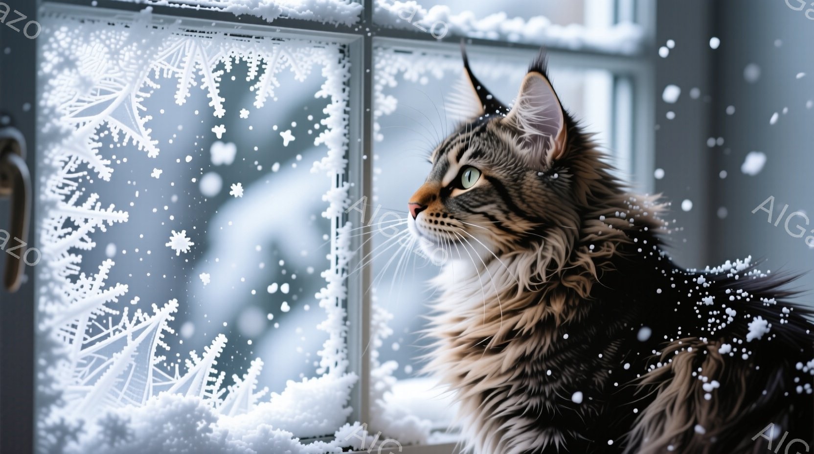 長い毛並みを持つ灰色の縞模様の猫が、雪で覆われた窓の外を眺めている。猫は横向きで、鋭い視線で何かを見つめているようで、その表情は静かで威厳がある。背景は雪景色で、窓には霜模様が描かれ、冬の穏やかな雰囲 - AI生成フリー素材