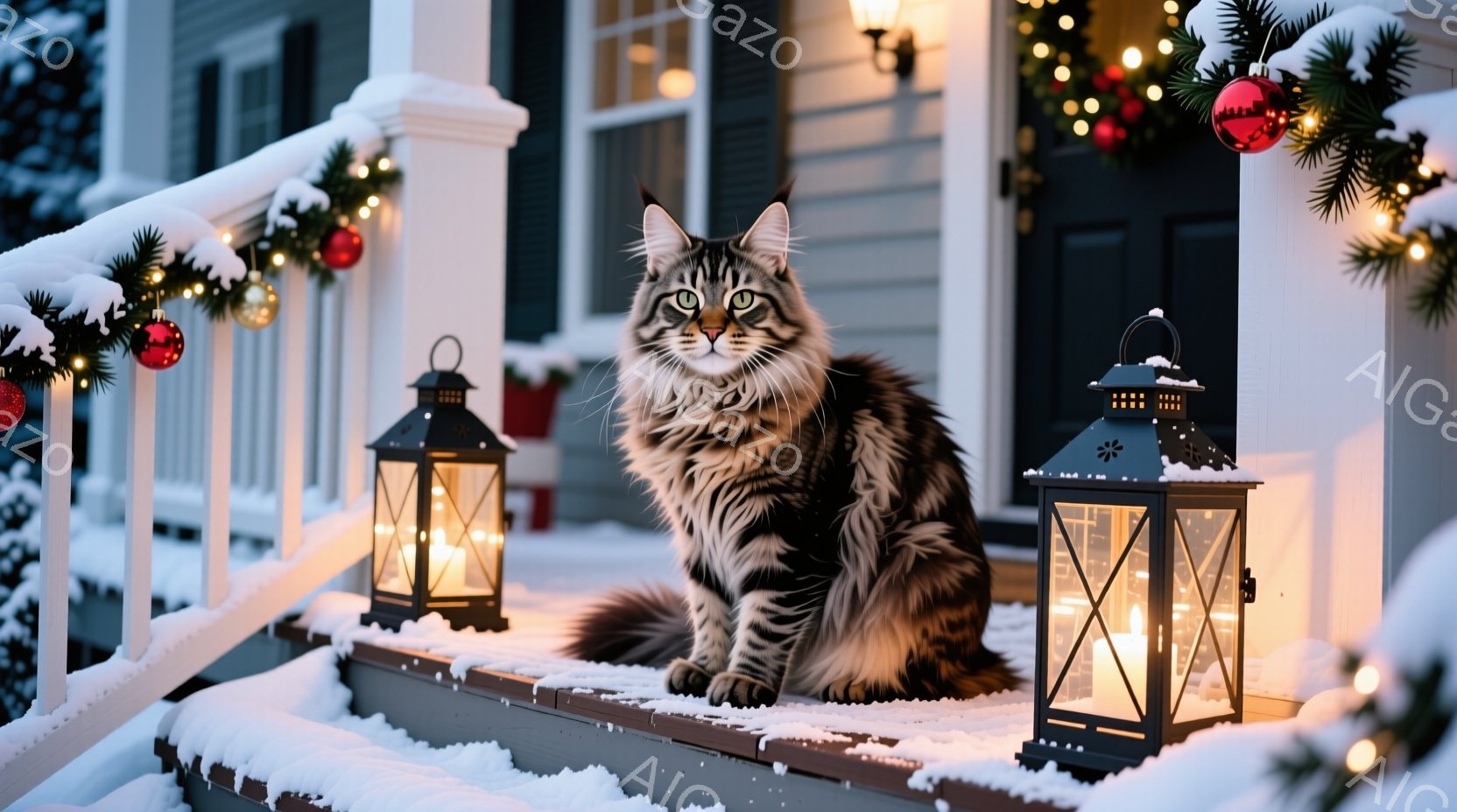 縞模様の大きな猫が、雪で覆われた家の階段に座っています。背景にはクリスマスデコレーションが施された家があり、暖かみのある光が灯されたランタンが猫の周りに配置されています。雪が舞い降り、全体的に穏やかで - AI生成フリー素材