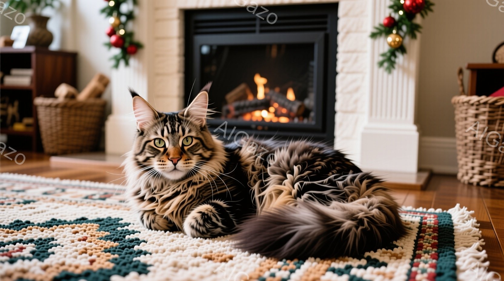長毛の猫がカラフルなラグの上に横たわっており、落ち着いた表情で正面を見つめています。背景には暖炉があり、炎が燃え盛っている様子が暖かさを感じさせます。クリスマスのような装飾が暖炉の上に飾られており、冬 - AI生成フリー素材