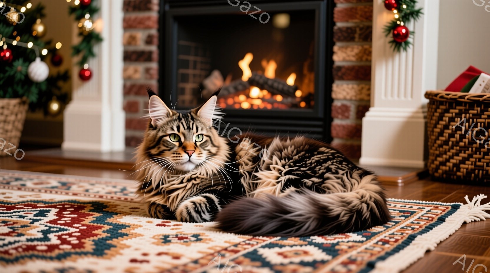 長毛の縞模様の猫が、色とりどりのペルシャ絨毯の上でくつろいでいます。背景には暖炉があり、炎が灯って暖かな光を放っています。クリスマスの飾り付けがされたクリスマスツリーと、プレゼントが入ったバスケットが - AI生成フリー素材