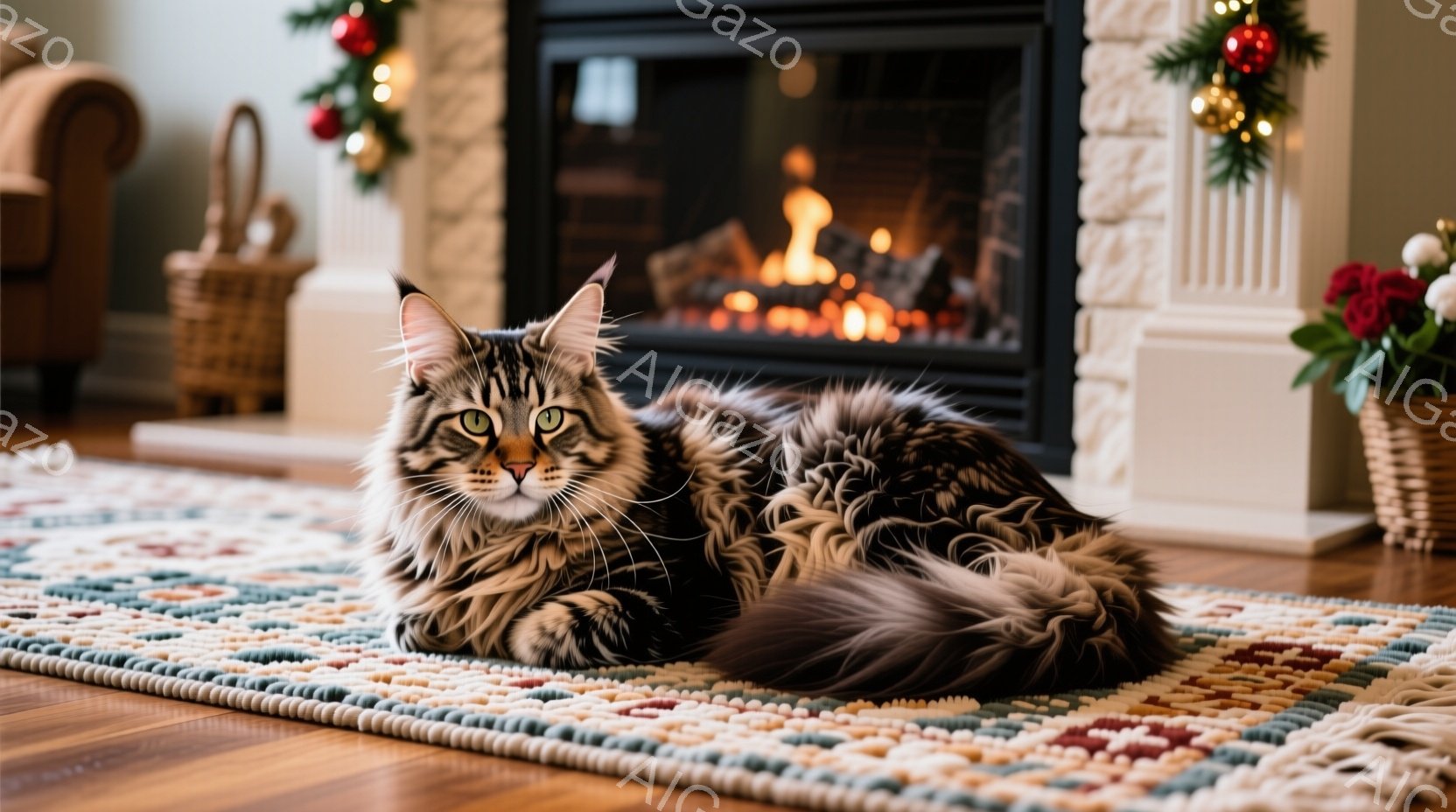 長毛の猫が、複雑な模様のラグの上に優雅にくつろいでいます。背景には暖炉があり、炎が温かい光を放っています。クリスマスデコレーションが暖炉の上を飾り、快適で居心地の良い雰囲気を醸し出しています。