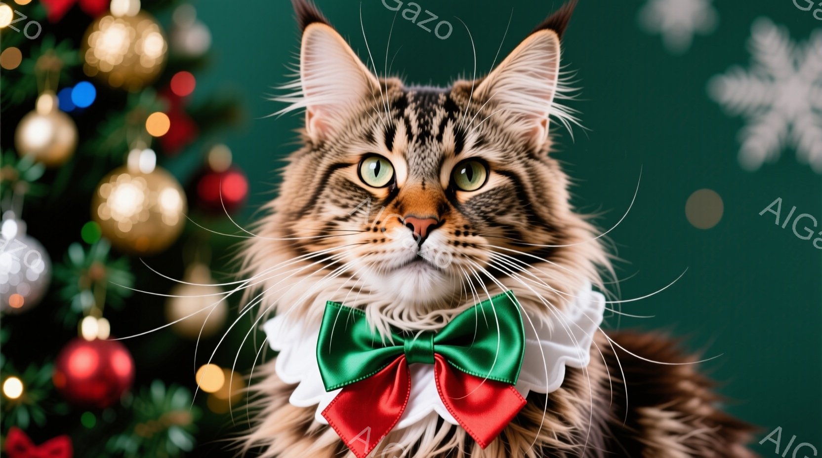 長毛の猫が、白い襟と緑色のリボンタイを付けて正面を見つめています。その表情はどこか威厳があり、毛並みはふさふさとしていて、背景にはぼやけたクリスマスツリーの装飾が見えます。全体的に、優雅で華やかなクリ - AI生成フリー素材