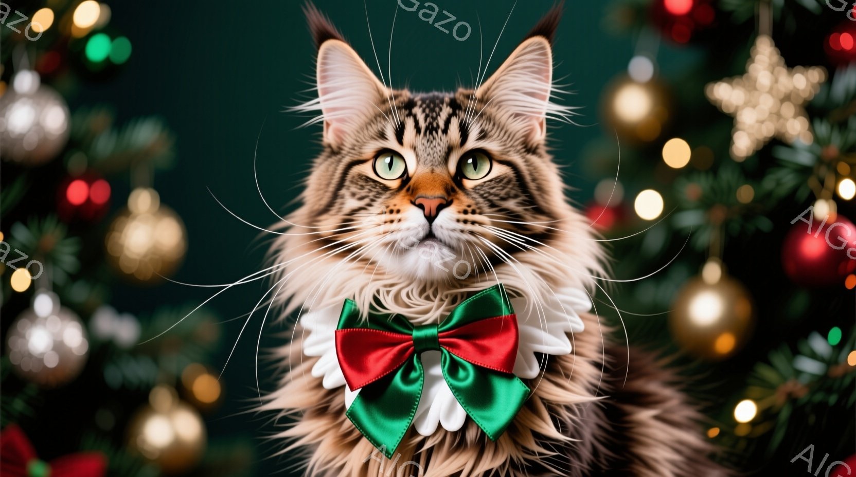 長毛の猫が、クリスマスツリーを背景に正面を見つめています。首には、白と緑の可愛いリボンが結ばれており、その表情はどこか誇らしげで、威厳に満ちています。背景には、様々な色のオーナメントで飾られたクリスマ - AI生成フリー素材