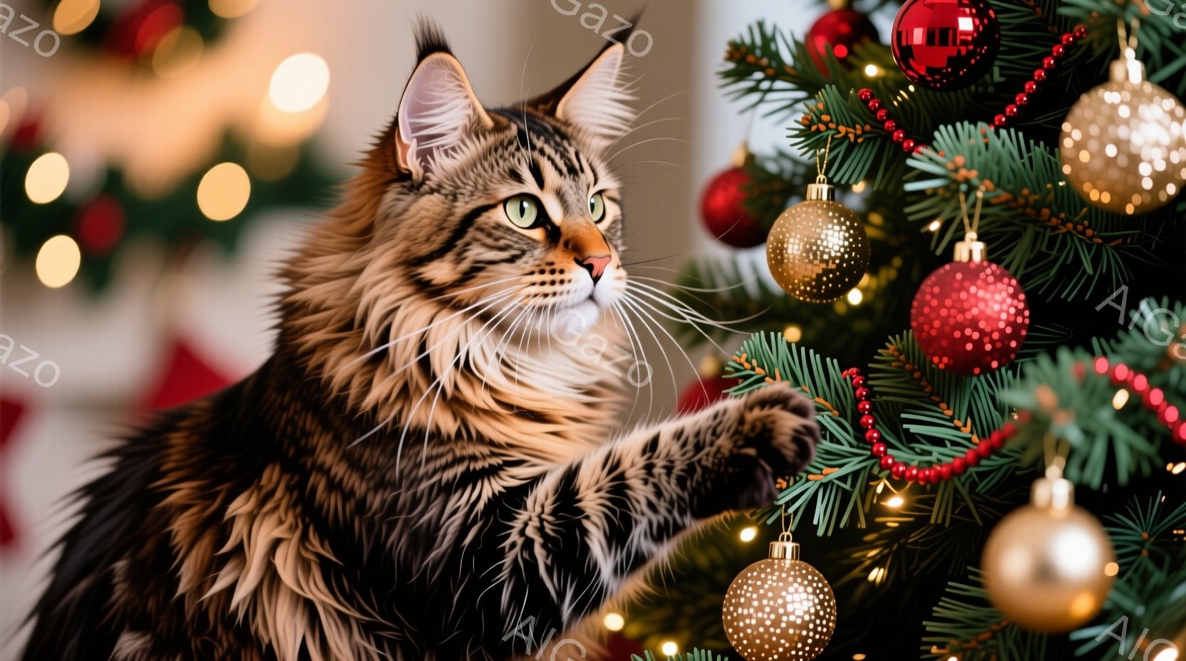 豪華なクリスマスツリーに大きな毛皮の猫がよじ登ろうとしている様子が写っています。猫は茶色と黒の縞模様で、緑色の瞳が印象的です。背景にはぼやけた光が散りばめられており、暖かくお祝いの雰囲気を醸し出してい - AI生成フリー素材