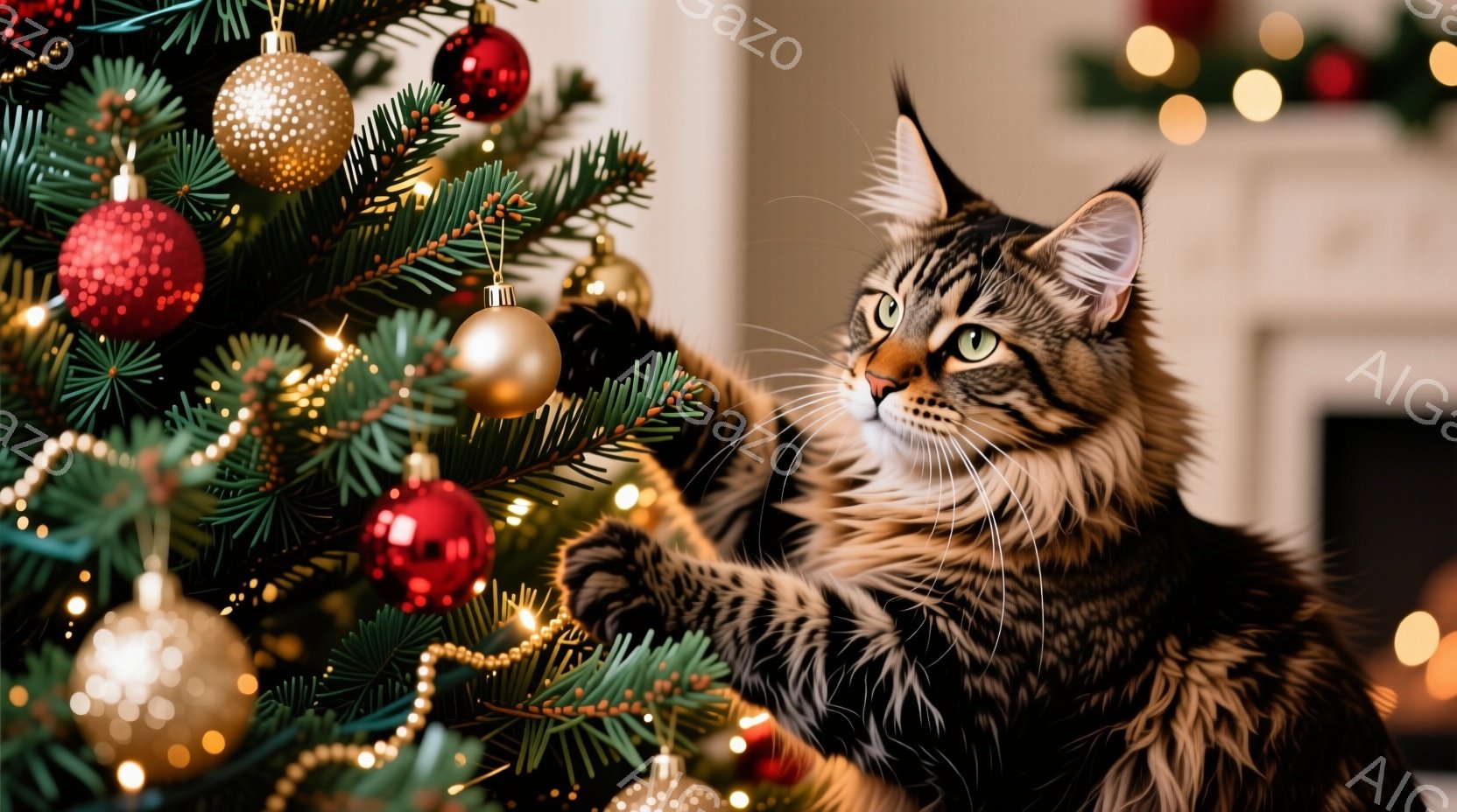 長毛の茶トラ猫が、クリスマスの飾り付けが施されたそりにゆったりと横たわっています。背景は雪景色で、まるで冬のワンダーランドのようです。猫は自信に満ちた表情で、穏やかで幻想的な雰囲気を醸し出しています。