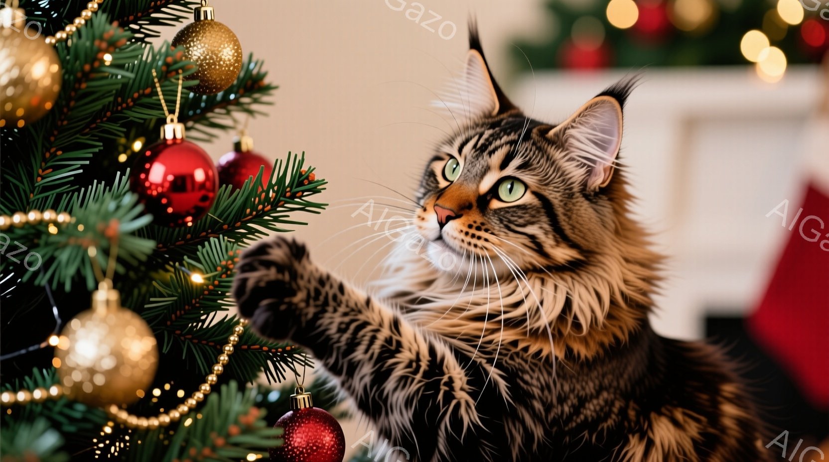 長毛の縞模様の猫がクリスマスツリーに手を伸ばし、遊び心のある表情をしています。ツリーは金と赤の飾りで彩られ、背景はぼやけて暖かく、ホリデーシーズンらしさを感じさせます。猫の毛並みがふさふさとしており、 - AI生成フリー素材