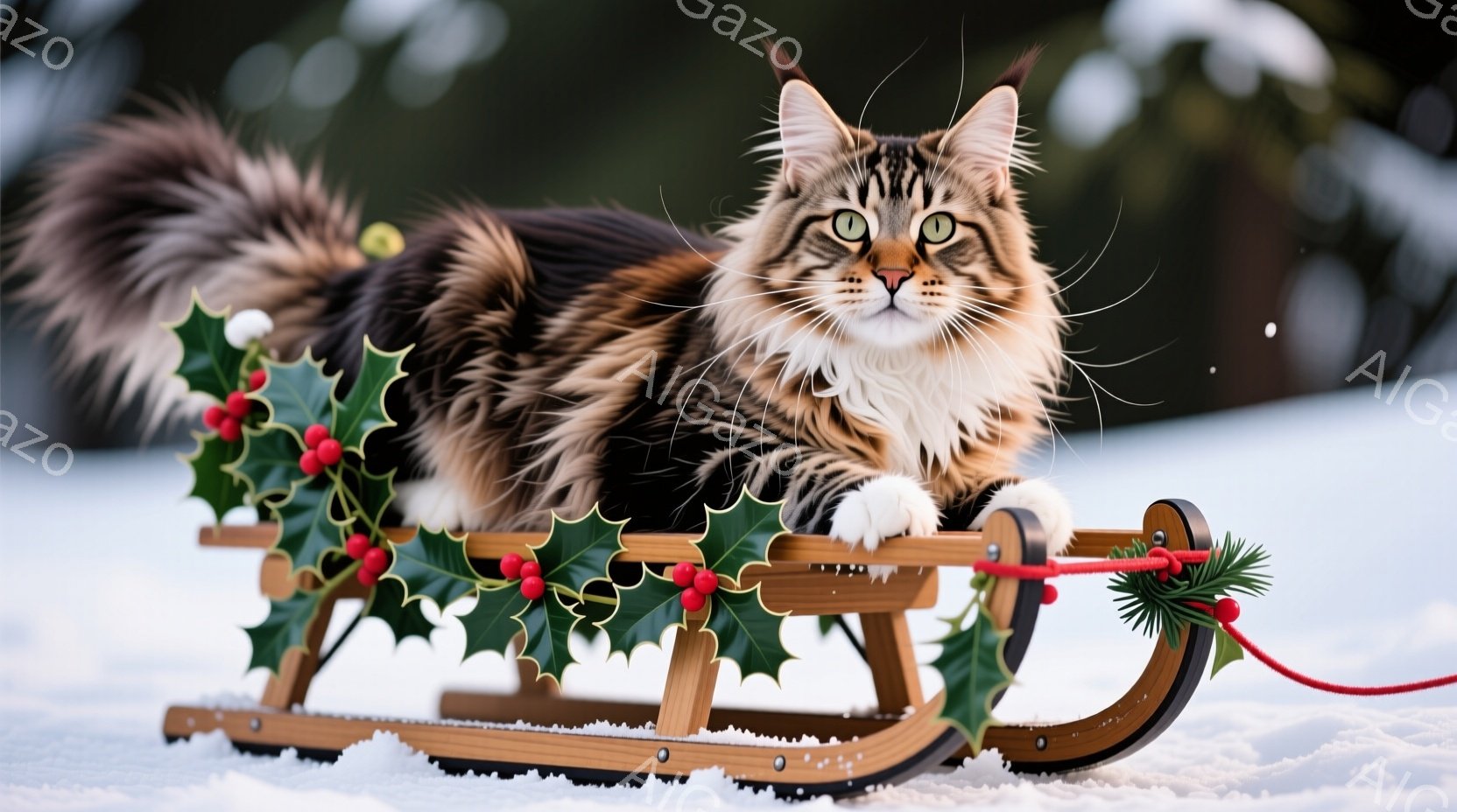 白と茶色の縞模様の小さな子猫が、赤い縞模様のキャンディケーンを前足で抱えています。背景にはぼやけたクリスマスツリーとプレゼントの箱が見え、白いふわふわの絨毯の上に散らばったキャンディが見えます。全体的 - AI生成フリー素材