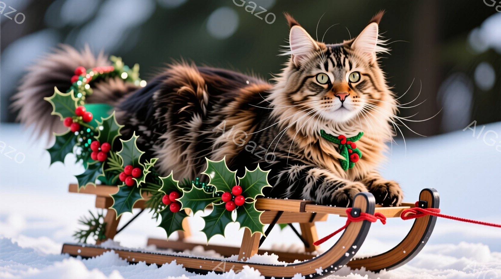 長毛のトラ柄の猫が、クリスマスの飾り付けが施されたそりに乗っています。緑色の葉と赤い実の飾り、そして赤いロープがそりに付いており、猫は自信に満ちた表情で前を見つめています。背景は雪景色で、暖かく、お祝いムードに満ちた雰囲気です。