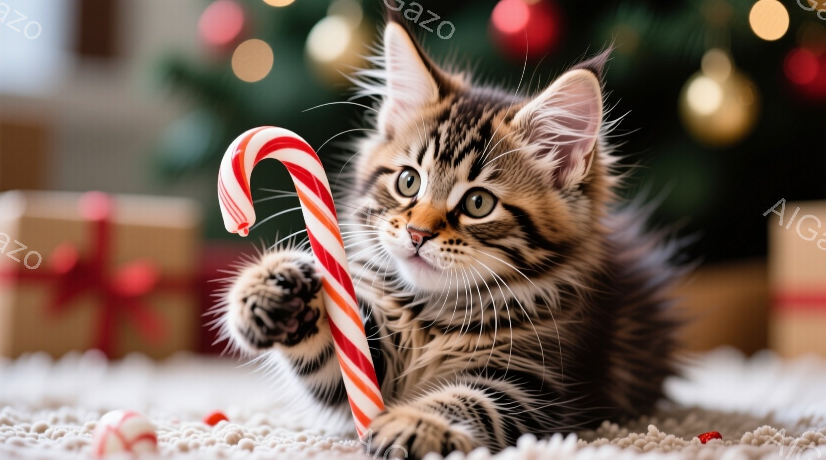 小さな縞模様の子猫が、赤い白のキャンディケーンを前足で抱え、好奇心旺盛な表情でこちらを見つめている。背景には、ぼやけたクリスマスツリーやプレゼントの箱が見え、白いふわふわとした敷物の上でリラックスした - AI生成フリー素材