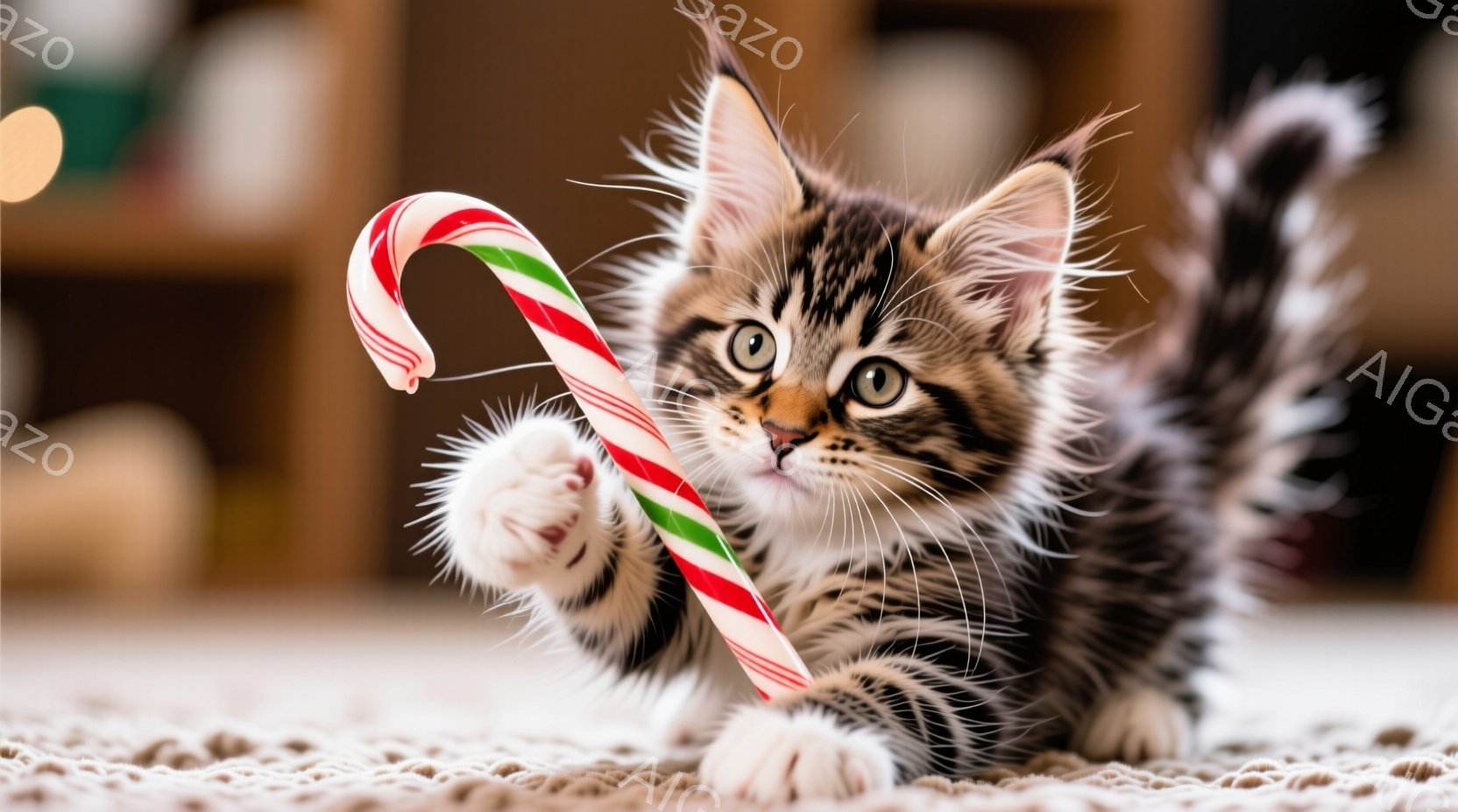 小さな縞模様の猫が、ピンクと緑のキャンディケーンを前足で抱え、少し上目遣いでこちらを見ている。ふさふさとした毛並みと白い足が特徴で、背景はぼかした暖色系のインテリアで、柔らかく可愛らしい雰囲気を醸し出 - AI生成フリー素材