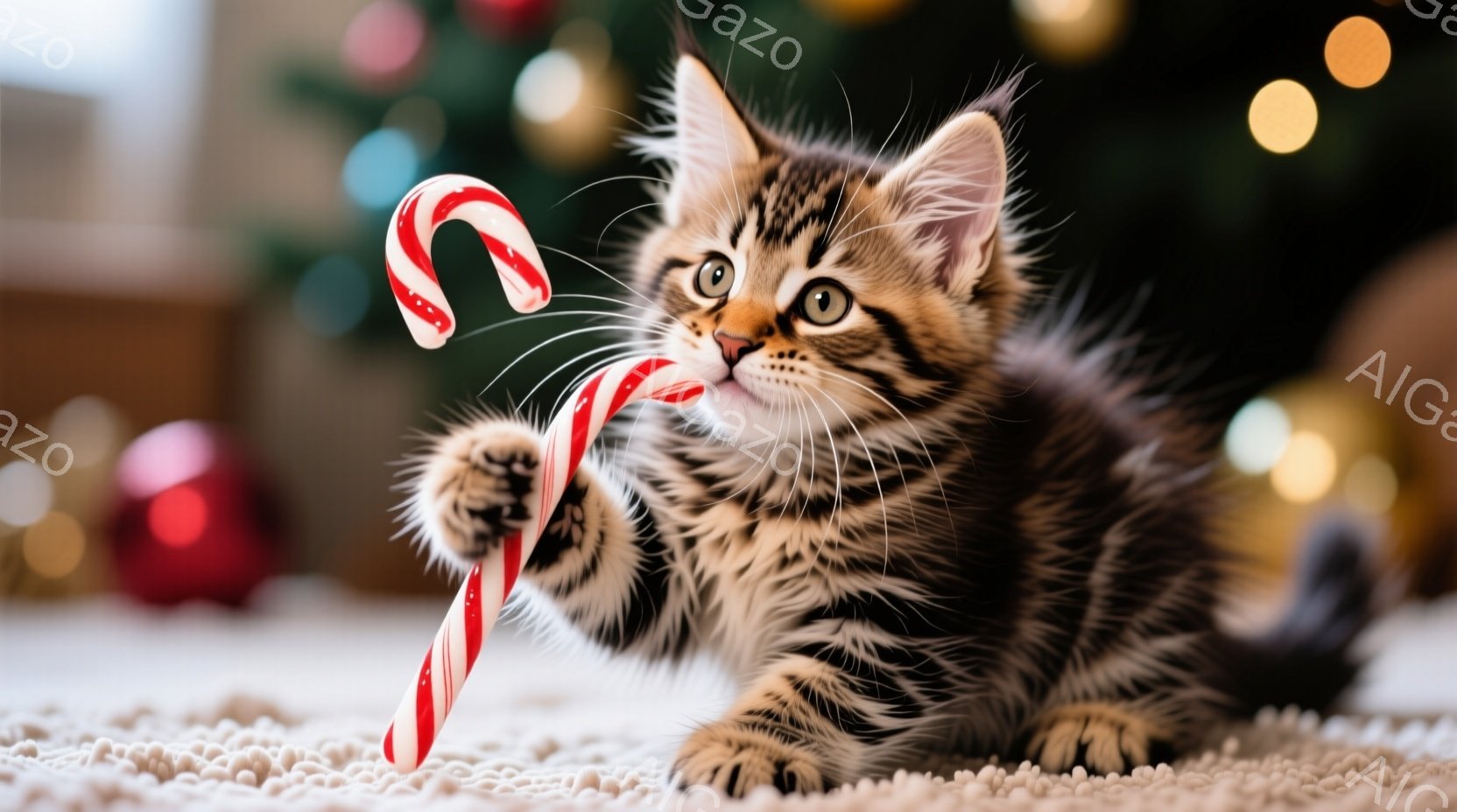 縞模様の小さな子猫が、赤い模様のキャンディケーンを前足で持っています。背景にはぼやけたクリスマスツリーが見え、暖かくお祝いの雰囲気が漂っています。子猫は好奇心と遊び心に満ちた表情で、見る人を魅了します - AI生成フリー素材