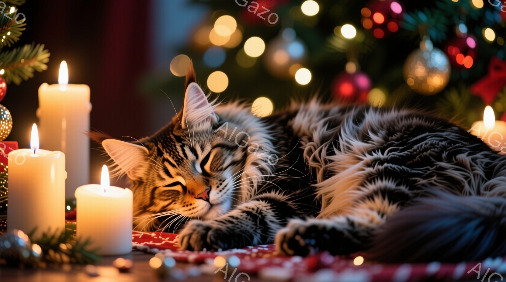 長毛の猫が、赤と緑の飾り付けがされた敷物の上で丸まって眠っています。背景には、ぼやけたクリスマスツリーの光と、点灯した白いキャンドルがいくつか見え、暖かく穏やかな雰囲気を醸し出しています。猫は安らかな - AI生成フリー素材