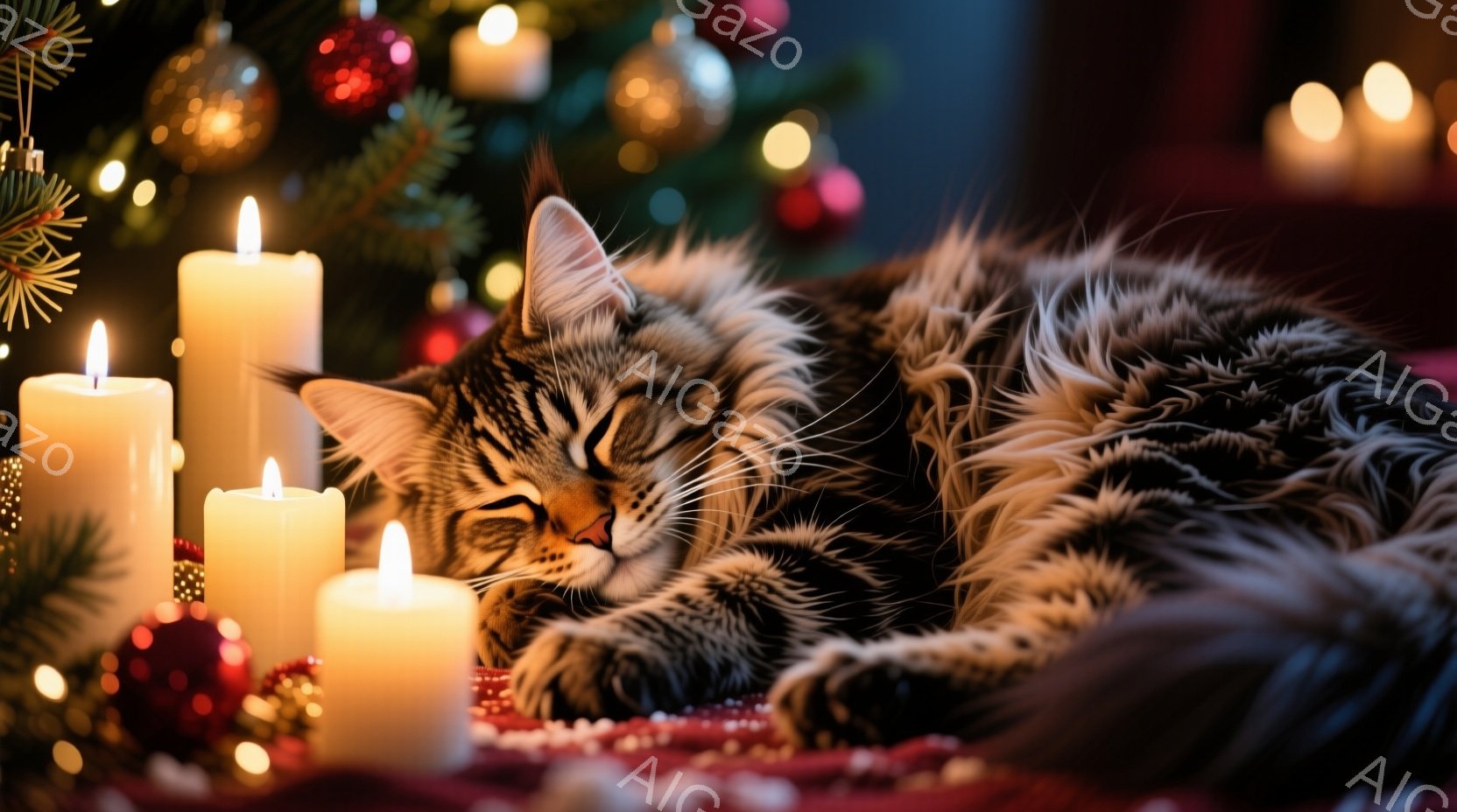 縞模様の猫が赤い布の上に丸まって眠っています。周りには点灯したキャンドルが並べられ、背景にはクリスマスツリーの緑と飾りが見え、暖かく穏やかな雰囲気です。ぼんやりとした光が猫の毛並みを照らし、リラックスした様子が伝わってきます。