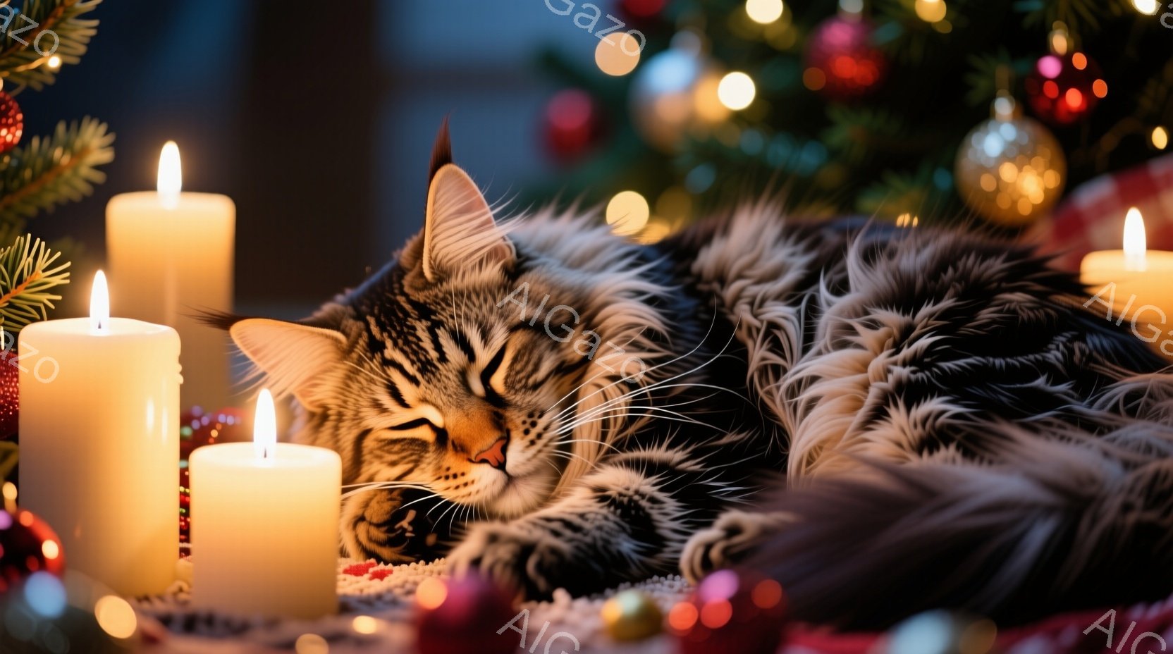 毛むくじゃらの縞模様の猫が、赤い背景の敷物の上で丸まって眠っています。周囲には点灯した白い柱状のキャンドルが配置され、背景にはぼやけたクリスマスツリーと装飾が散りばめられています。全体的に暖かく、安らかなクリスマスの雰囲気を醸し出しています。