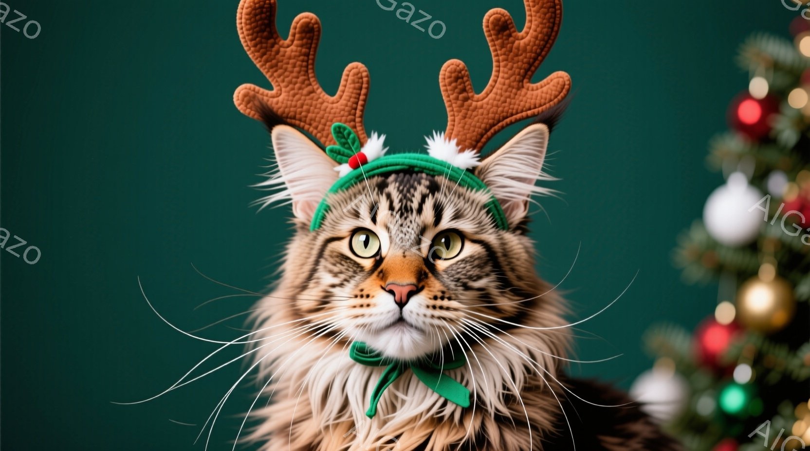 長い毛並みを持つ茶トラ猫が、クリスマスの角のついたヘアバンドをつけて正面を見つめている。猫は少し驚いたような表情で、長いひげが特徴的である。背景は深緑色で、右側にはクリスマスツリーの飾りがぼんやりと見え、全体的に温かく、お祝いムードを醸し出している。