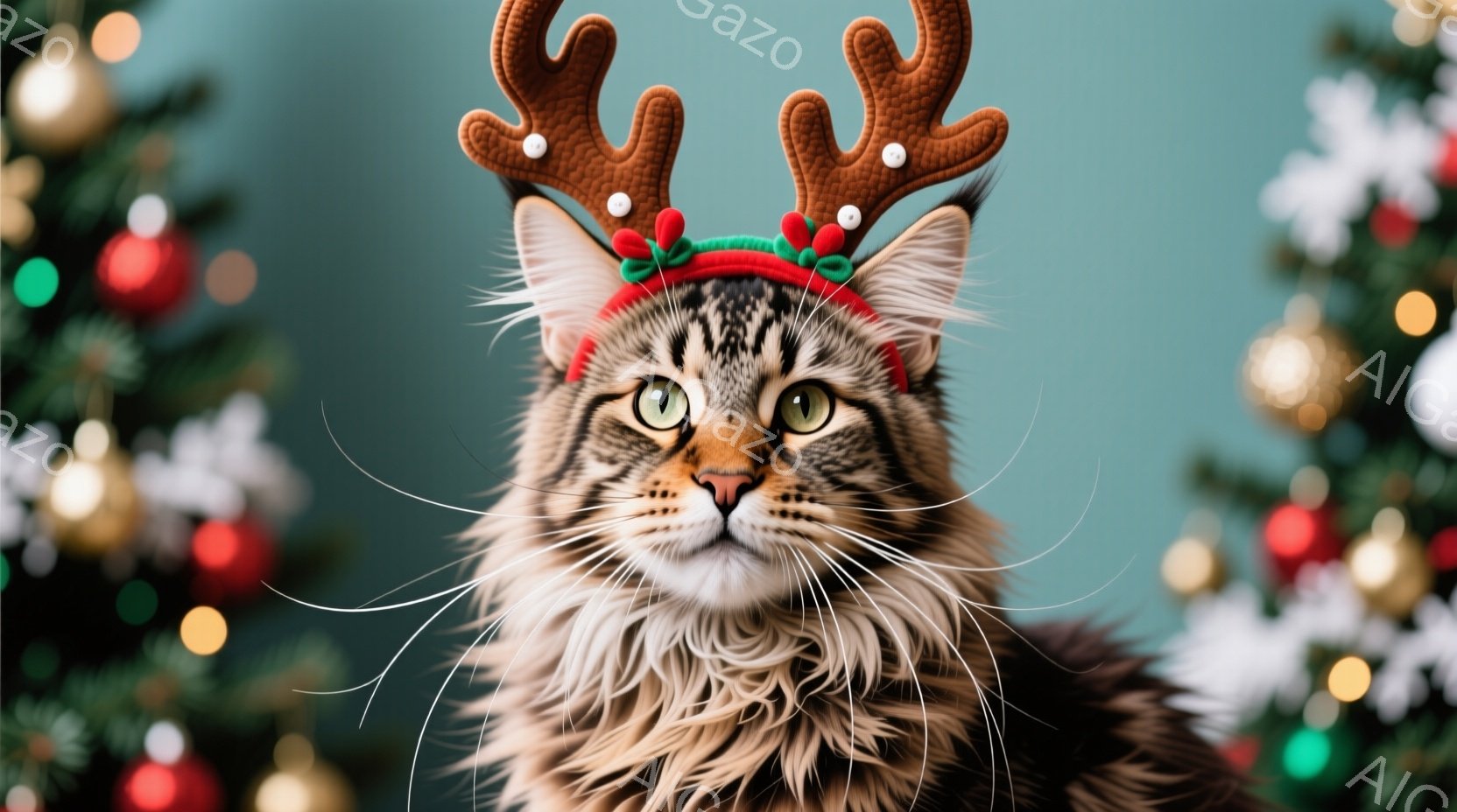 長毛の猫が、クリスマスらしいトナカイの角のヘッドバンドをつけて正面を見つめている。猫は淡い茶色と黒の模様で、緑色の瞳が印象的だ。背景には、ぼやけたクリスマスツリーの飾りが見え、全体的に暖かく、お祝いの雰囲気が漂っている。